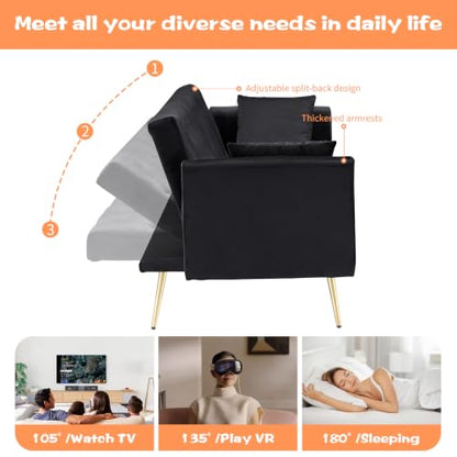 71" Modern Velvet Sofa Bed Futon, Convertible Sleeper Couch, Adj. Backrest (Black-Velvet) - color: Black-velvet