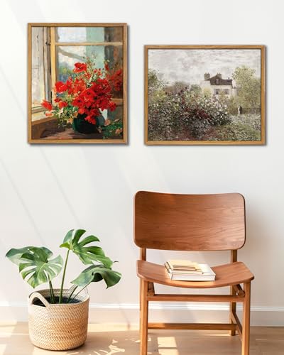 UPWOIGH Red Poppy Framed Impressionist Wall Art, 16 x 24 Inch | Red Poppy Bouquet by a Sunlit Window, Impressionist Oil Painting Style, Warm Wood Frame for Living Room and Bedroom - color: Red Poppies, size: 24"L x 16"W