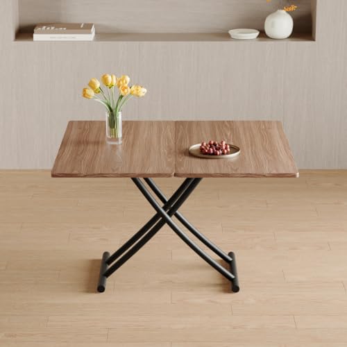 Liftable Folding Dining Table for 4, Adjustable Drop Leaf Table, Folding Coffee Table for Small Spaces, Scratch-Resistant Wood Top with Metal Frame for Apartment Kitchen Living Room - color: Dark Wood-black