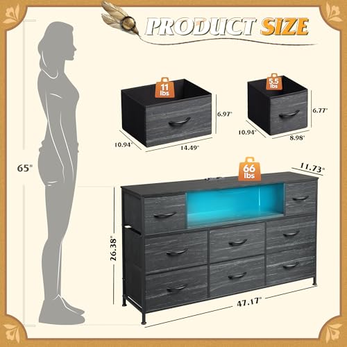 WLIVE Dresser TV Stand for 55 Inch TV, 8 Drawers, LED, Black Wood Grain | Fits TVs up to 55 inch, 8 fabric drawers, Built-in power outlet, Chest of drawers, Living room or bedroom - color: Charcoal Black Wood Grain