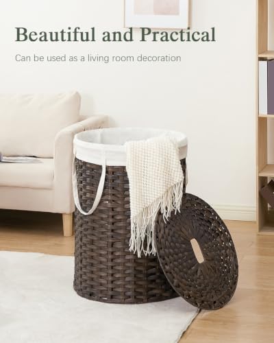 SETVSON Laundry Basket with Lid Round Rattan PE Laundry Hamper, Brown | 110L Large Woven Basket with Lid, Removable Washable Liner Bag, 2 Mesh Laundry Bags, Side Handles for Easy Carrying - color: Brown, size: 110 L