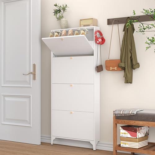 Slim Shoe Cabinet with 4 Flip Drawers,Narrow Shoe Storage Cabinet,Freestanding Organizer,Metal Hidden Shoe Storage for Entryway,Hallway,Living Room (4 Door Width 700, White) - color: White, style: 4 door width 700