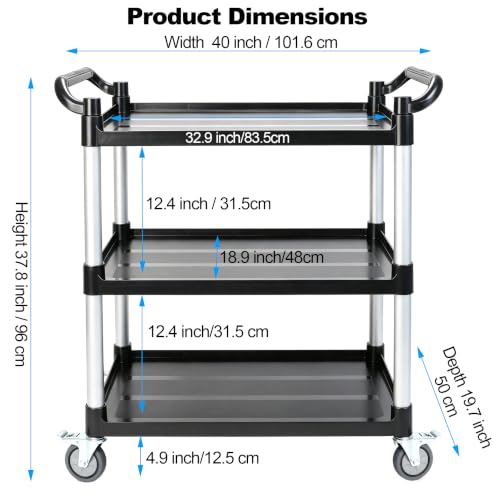 3-Tier Heavy Duty Utility Cart with 4 Silent Lockable Wheels (Large) | Easy Assembly, Lightweight Sturdy Mobility; Cart for Restaurant Salon Warehouse Office Hotel Janitorial Service &Household - size: Large