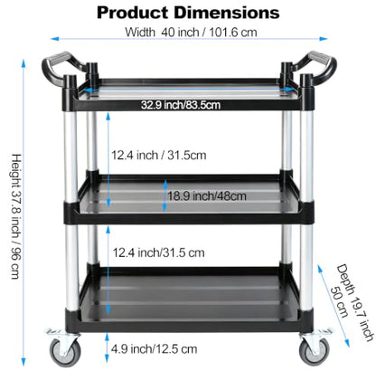 3-Tier Heavy Duty Utility Cart with 4 Silent Lockable Wheels (Large) | Easy Assembly, Lightweight Sturdy Mobility; Cart for Restaurant Salon Warehouse Office Hotel Janitorial Service &Household - size: Large
