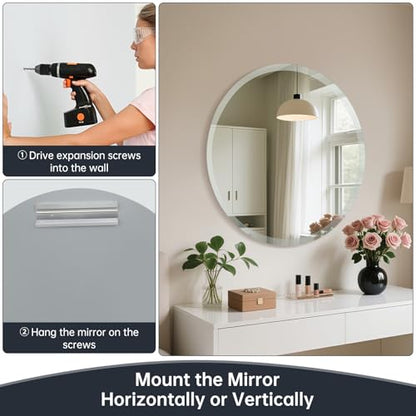 Frameless Round Mirror 24 Inch, Round Mirror with 1 inch Beveled Edge, Beveled Bathroom Mirrors for Vanity, Living Room, Entryways - size: 24"L x 24"W