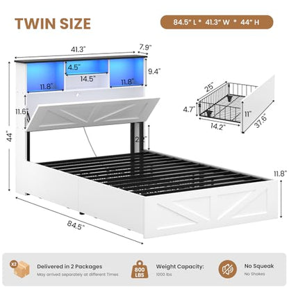 AOGLLATI Twin Bed with Storage Bookcase Headboard and 4 Drawers,Wooden Farmhouse Twin Bed Frame with Charging Station, Led Lights & Metal Slats,White - color: White, size: Twin