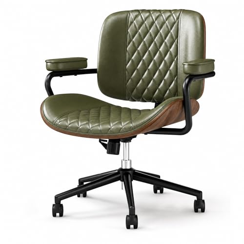 Home Office Desk Chair with Wheels, Armless Adjustable Height PU Leather Office Chair, Mid Back Ergonomic Computer Chair, Walnut Curved Seat Design No-Arm Chair (GX-9006-Armrests-Green) - color: Gx-9006-armrests-green