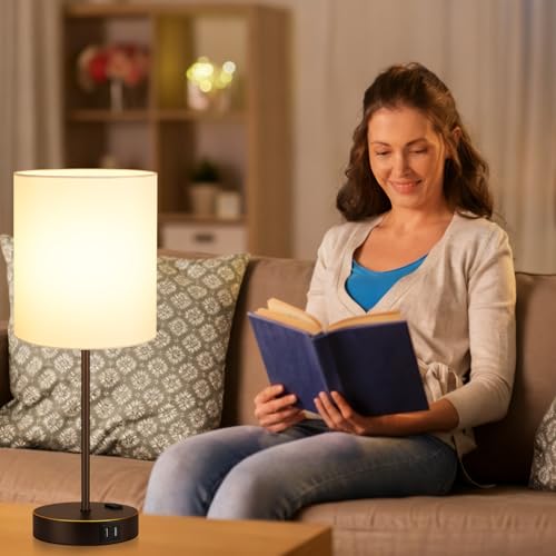 Lynnoland 2 Pack Touch Control Table Lamps with 2 USB & AC Outlet, 3-Way Dimmable Bedside Nightstand Lamps for Bedroom Living Room Nursery, 800 Lumens 3000K Warmlight Bulbs Included - color: (2 Pack)White & Brown and Gold(Base)-3000K Bulbs Included
