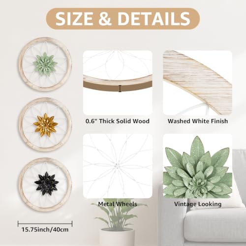 Paquesta 3 Piece Round Farmhouse Wall Decor with 6 Piece Interchangeable Flowers 15.75'' Medallion Wood & Metal Rustic Wall Art for Living Room Bedroom Kitchen Bathroom Dining Room Home Decorations (large white wheel) - color: large white wheel