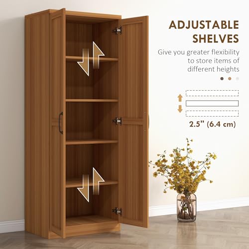 HOMCOM 63" 2-Door Kitchen Pantry 5-Tier Teak Wood Grain | Freestanding Storage Cabinet, Shelving, 2 Adjustable Shelves, for Dining Room - color: Teak Wood Grain