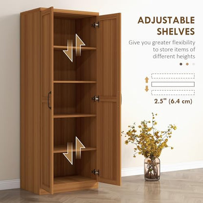 HOMCOM 63" 2-Door Kitchen Pantry 5-Tier Teak Wood Grain | Freestanding Storage Cabinet, Shelving, 2 Adjustable Shelves, for Dining Room - color: Teak Wood Grain