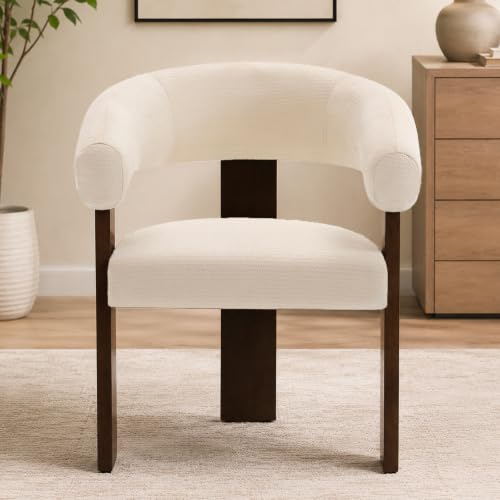 Modern Accent Chair, Barrel Armchair, U-Shaped Backrest, White | Barrel Accent Chair, Upholstered Arm Chair, Ergonomic Curved Back, Soft Chenille, Solid Wood Legs, Living Room, Bedroom - color: White