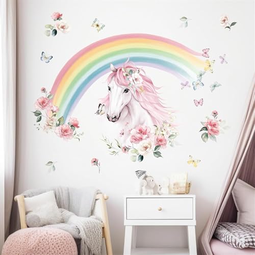 wondever Large Rainbow Wall Decals Horse Flower Peel and Stick Wall Art Stickers for Girls Bedroom Kids Room Baby Nursery - color: Horse