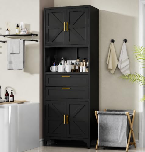 71" Kitchen Pantry Cabinet, Metal Storage Cabinet with 2 Drawers and Adjustable Shelves, Farm Freestanding Cupboard for Kitchen,Office, Black - color: Black, size: 71"H-MZ