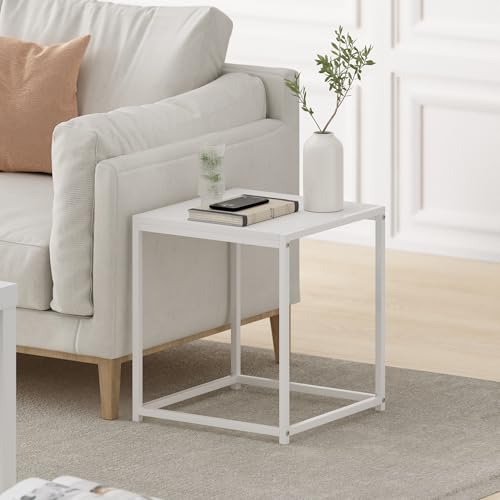 Furinno CAMNUS Side Table, Modern End Table with Metal Frame, Square Open Design Night Stand, Bedside Table, Easy Assembly, for Living Room, Bedroom, Solid White - color: Solid White/White, size: 1-Tier, 15.8" Square