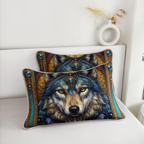 AILONEN Tribal Wolf King Quilted Comforter Set, Blue Gold Printed Bedding with 2 Pillowcases, Microfiber Filling, Main Family Bedroom - color: Blue Treasure Wild Wolf, size: King