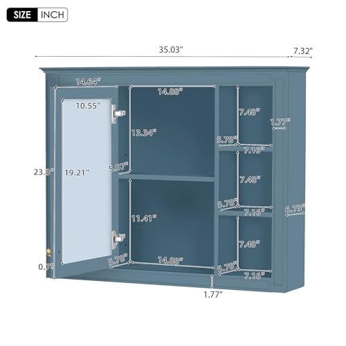 Wall Mounted Medicine Cabinet, Bathroom Storage Cabinet with Mirror Door and 6 Adjustable Open Shelf (7.3" D x 35" W x 27.5" H) (Indigo Blue) - color: Indigo Blue