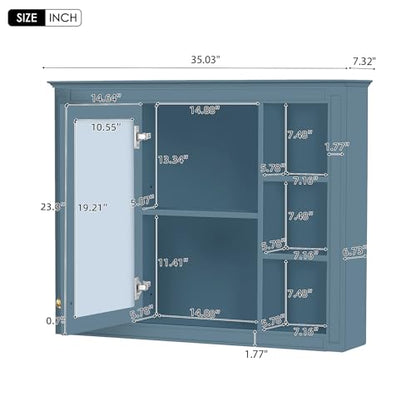 Wall Mounted Medicine Cabinet, Bathroom Storage Cabinet with Mirror Door and 6 Adjustable Open Shelf (7.3" D x 35" W x 27.5" H) (Indigo Blue) - color: Indigo Blue