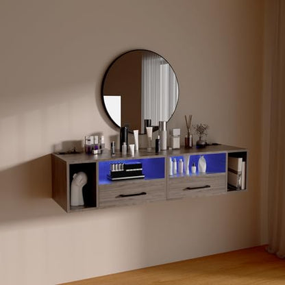 Floating Nightstand with Lights, Grayish Brown | Floating Bedside Table with Drawers Wall Mounted Nightstands,for Bedroom Room, 21.3" x 11.8" x 10" - color: Grayish Brown
