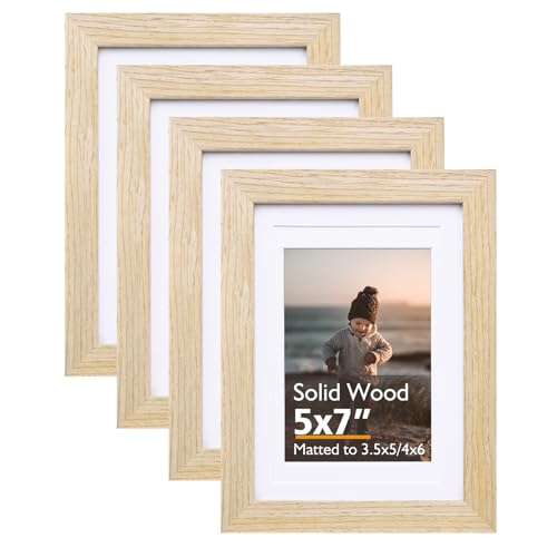 5x7 Picture Frame Natural, Solid Wood Frames with Acrylic Plexiglass for Pictures 3.5x5/4x6 with Mat or 5x7 without Mat, Tabletop and Wall Display Photo Frame, Set of 4 - color: Natural, size: 5x7