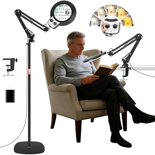 TNNOP 4In1 Floor Magnifying Lamp with Light, 12X 30X Glass Magnifier Black | Height Adjustable, Infinite Dimmable Lighting, Hands Free Magnifier For Hobby, Reading,Jewelry Making & Close Work - color: Black, size: 12x 30x