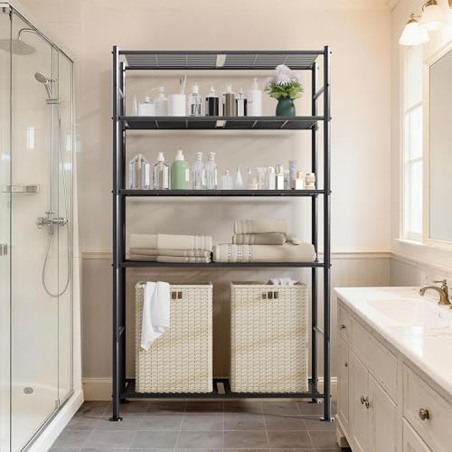 BolDuck 5 Tier Shelf Organizer Rack, Metal Shelving Unit with Adjustable Leveling Feet, Space-Saving Storage Shelves for Garage Closet Laundry Bathroom Kitchen Pantry, 33.07”Wx12.6”Dx72.04”H,Black - size: 5 Tier Shelf
