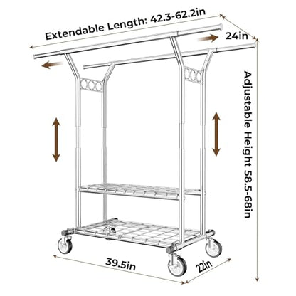 HYSEYY Heavy Duty Clothes Rack, Rolling Clothing Rack With Shelves Load 620 LBS, Double Rod Clothing Racks for Hanging Clothes, Portable& Adjustable Clothes Rack with Wheels Garment Rack - color: Sliver