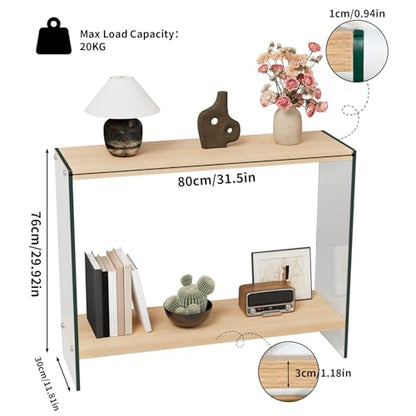 Console Table 2-Tier: 31.5 in Wide Rectangle Wood Shelf Glass Sides | Modern Desk Console Sofa Table Stand for Entryway - size: 31.5“W x 11.8"D x 30"H