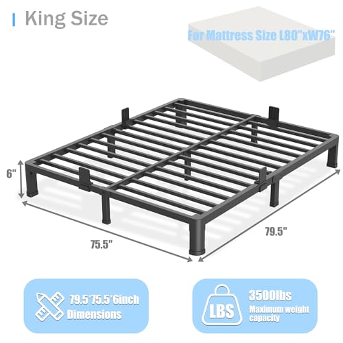 6 inch King Size Bed Frame with Round Corner Legs Mattress Slide Stopper,Low Profile Heavy Duty Metal Platform,Steel Slat Support,No Box Spring Needed,Easy Assembly,Noise Free - size: King, style: 6 inch