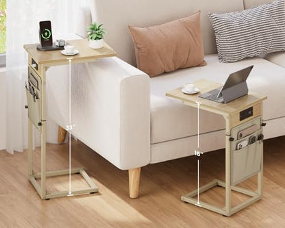 C Shaped End Table with Charging Station, Adjustable Height C Table End Table, Small Side Table for Couch, Couch Table Slide Under Sofa Table TV Tray Arm Table for Living Room,Bedroom,Natural - color: Natural Walnut, style: With Plug