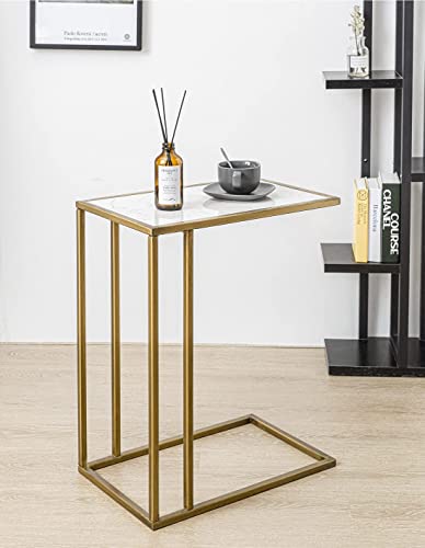 Marble Side Couch Table Gold Rectangle Tables for Small Spaces Coffee Table, Modern Accent Tables Narrow End Table for Living Room, Bedroom Slide Under Sofa Tables - 19" L x 12" W x 24" H | Modern Accent Tables Narrow End Table for Living Room, Bedroom Sl