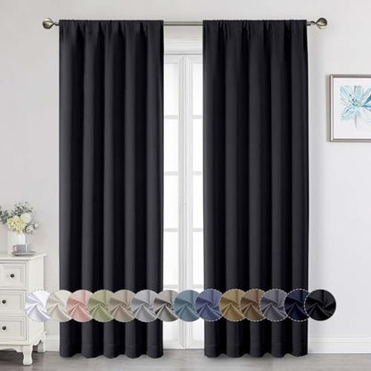Black Blackout Curtains 84 Inches Long 2 Panels Set, Soft Solid Thermal Insulated Room Darkening Curtains for Bedroom Living Room, Rod Pocket Drape, 50" Wx84 L - color: Black, size: 50"W x 84"L (Pack of 2)
