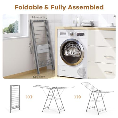 6 Height Adjustable Clothes Drying Rack with Shoe Slots, Grey | Pre-Assembled, Stable Load Structure, 22 Drying Rails, Foldable Space-Saving For Efficient Indoor & Outdoor Airflow Drying - color: Gray