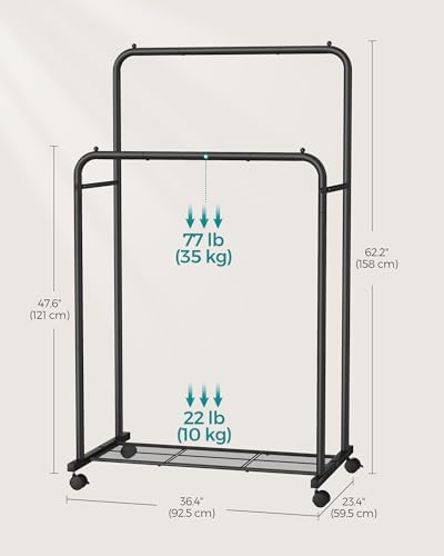 SONGMICS Double Rods Clothes Rack with Wheels, Clothing Rack for Hanging Clothes, Heavy Duty Garment Rack with Mesh Storage Shelf, 2 Brakes, Each Top Rail Holds up to 77 lb, Black UHSR26BKV1 - color: Black, style: Double Rod