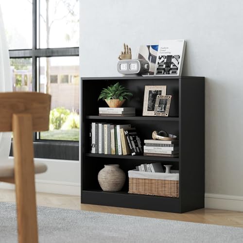 IRONMIX Short Bookshelf for Classroom, 3-Tier Black Metal Bookshcase, Small Bookcase for Small Places, Open Bookshelf with Adjustable Shelves, Cabint Display Case for Home Office, Library, Living Room - size: 31.5" W-35.5" H - 2 set
