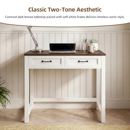 Small Writing Desk with 2 Drawers, Two-Tone Farmhouse Computer Desk with Storage, 31.5" Compact Study Table for Home Office Small Space, White & Walnut