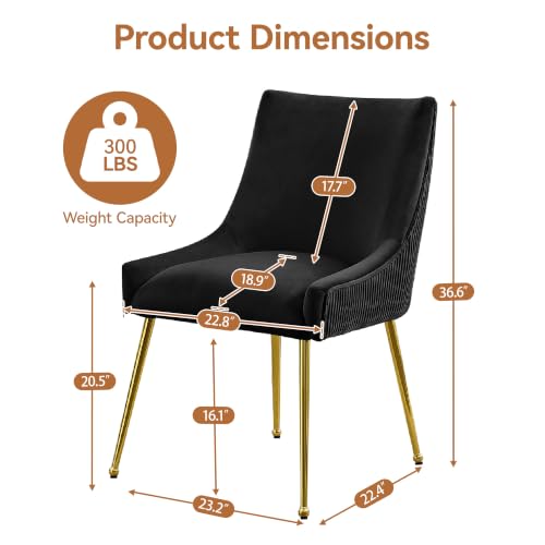 WUTUTUEE Velvet Dining Chairs Set of 4 Gold Legs,Upholstered Velvet Accent Chairs, Pleated Back Design & Gold Pull Handle, Mid Century Modern Chairs for Dining/Kitchen/Living Room,Black - color: Black, size: Set of 4