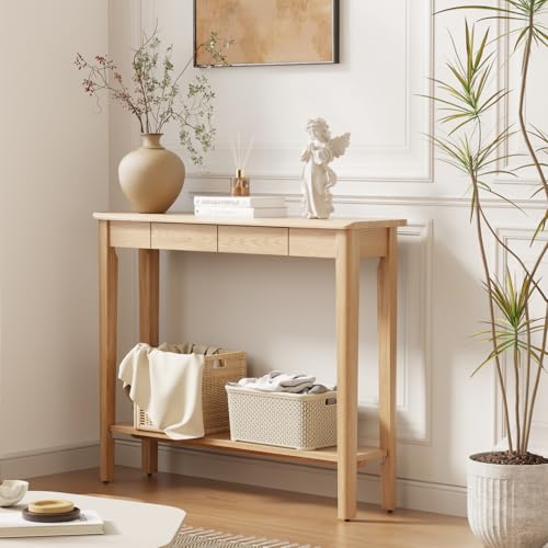 AQIMUELE Wood Console Table with Drawers, Walnut - color: Natural