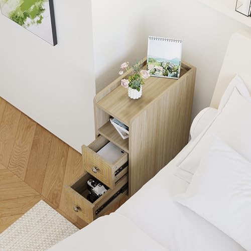 Nightstands Set of 2,Night Stand Bed Side Table with Storage Space,Wooden Bedside Table with Open Shelf,2 Drawers,End Table with Solid Wood Feet for Bedroom,College Dorm,Entryway (Natural) - color: Natural