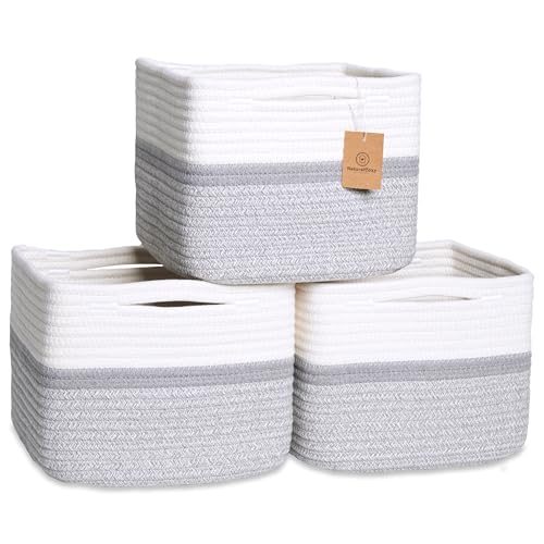 NaturalCozy Storage Cubes 9”x9”x7”Cotton Rope Woven Baskets for Organizing 3-Pack | 9 Inch Cube Storage Bin | Small Basket for Shelf Nursery, Pantry, Decorative Plant, Bathroom Closet, Toy Gift - color: Off White & Gray & Mixed Gray
