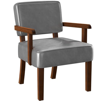 Faux Leather Accent Chair, Mid-Century Armchair with Wood Frame | Upholstered Living Room Chair, Comfy Reading Chair for Bedroom, Waiting Room, Home Office, Easy Assembly, Gray - color: Faux Leather Gray, size: One Chair