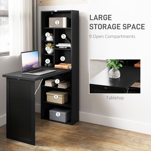 HOMCOM Foldable Convertible Writing Table Computer Desk, Black | Wall Mounted, Space-Saving, Chalkboard, Storage Shelves, for Small Spaces, Home Office, Bedroom, Dorm, Apartment - color: Black