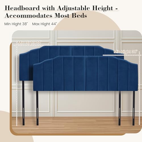 Upholstered Headboard Adjustable Height Queen/King Headboard Cream Velvet Tufted Modern Vertical Channel Design with Stepped Silhouette Top Edge(Blue Queen) - color: Blue, size: Queen
