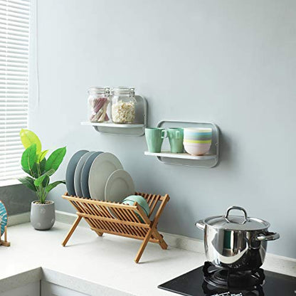 WELLAND Arlington Floating Shelves Set of 2 | Folding Display Wall Shelves | Walnut Grain Wooden Board & Metal Frame | 12" W x 5" D x 7" H | White (Upgraded) - color: White+wood Grain