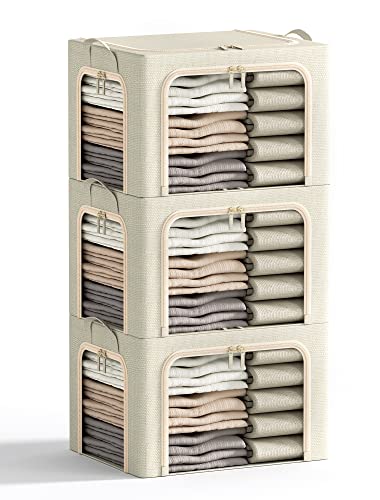 3 Openings Clothes Storage Bins with Metal Frame, Foldable Storage Bin for Clothes, Clothing Storage Bins with Lid, Linen Storage Box With Clear Window＆ Zippers＆ Durable Handles.(3 Pcs ,Beige,40L) - color: Beige, size: Medium-(‎16.5 x 12.6 x 11.8 )inches