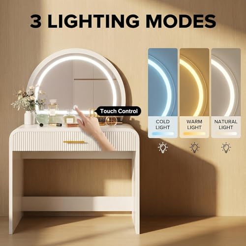 Makeup Vanity Desk with LED Touch Screen Lighted Mirror, Wooden Vanity Table with Drawer, Curved Edge Dressing Table with Removable Mirror for Bedroom (White) - color: White