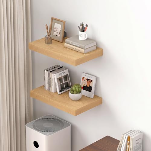 Dreamland 20" Floating Shelves for Wall, 12" Deep Thicker Floating Shelves, Wall-Mounted Shelves for Bedroom, Living Room, Kitchen, Bathroom, Oak - Set of 2 - color: Oak, size: 20"W x 12"D x 2"H, Set of 2