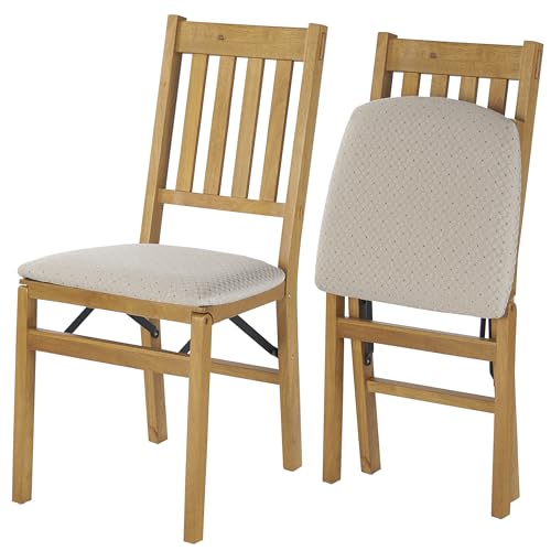 MECO Stakmore Arts and Craft Wooden Folding Chairs with Padded Seats, Set of 2 - No Assembly Foldable Dining Chairs, Steel Folding Mechanism, Upholstered Cushion, Space-Saving, Oak Frame - color: Oak