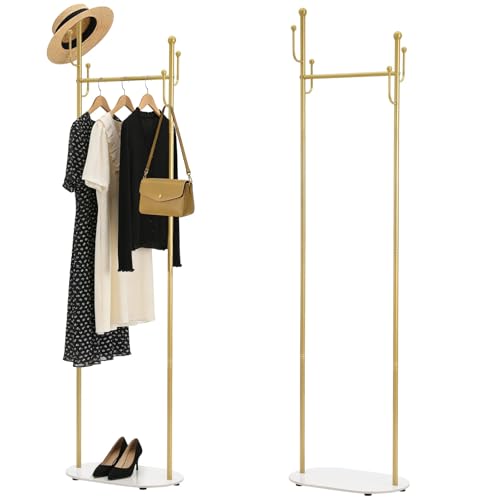 Gold Freestanding Coat Rack with Marble Base, Modern Metal Clothes Stand with Side Hooks, Slim Garment Organizer for Entryway, Bedroom, Hallway Corner Storage