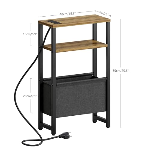 Narrow Side Table with Charging Station Slim End Table Sofa with Magazine Rack, Bedside Table for Small Spaces, 3 Tier Nightstand for Living Room Couch, Bedroom Walnut Brown LET503BRE - color: Walnut Brown, style: With Charging Station